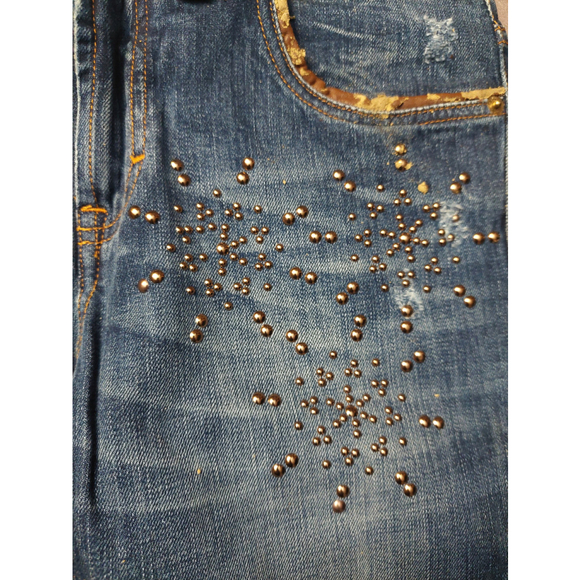 John Galliano Distressed Blue Jeans Embellished Bronze Studded Snow Flakes Sz 26 - Picture 16 of 16